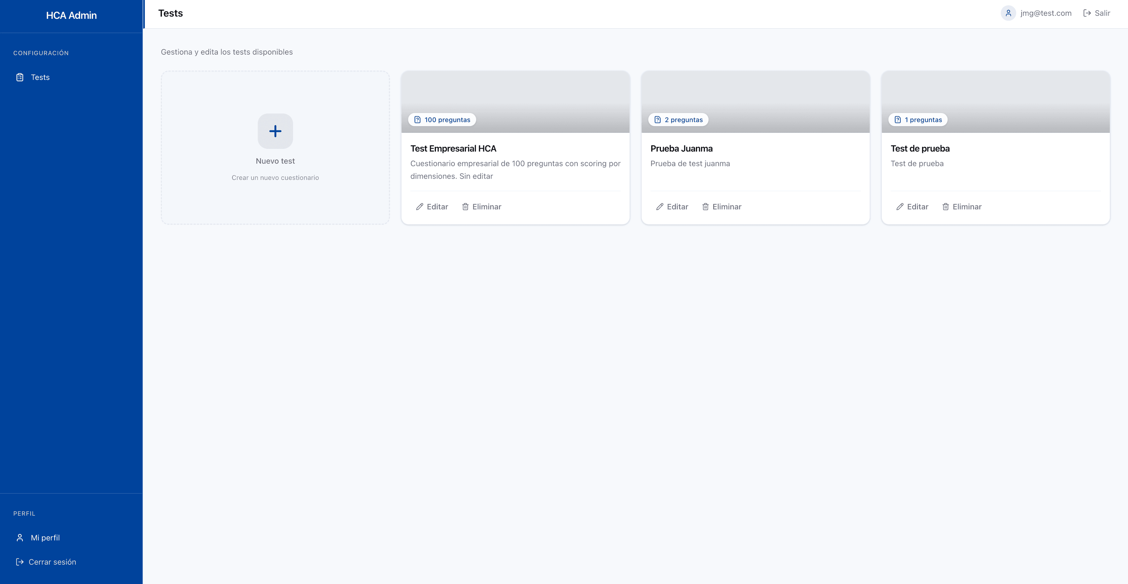 Panel administrativo — listado de tests