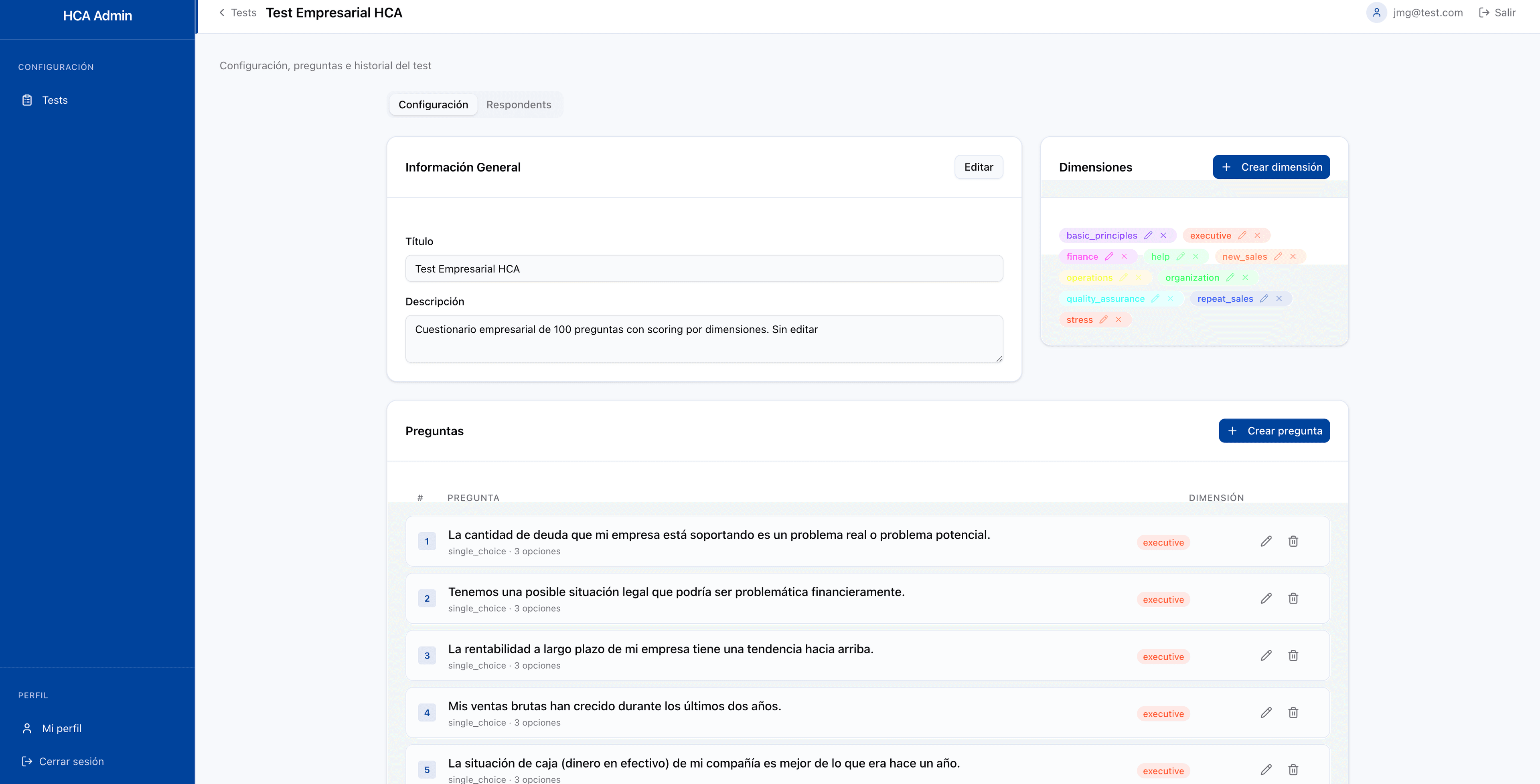 Editor de test con dimensiones y preguntas